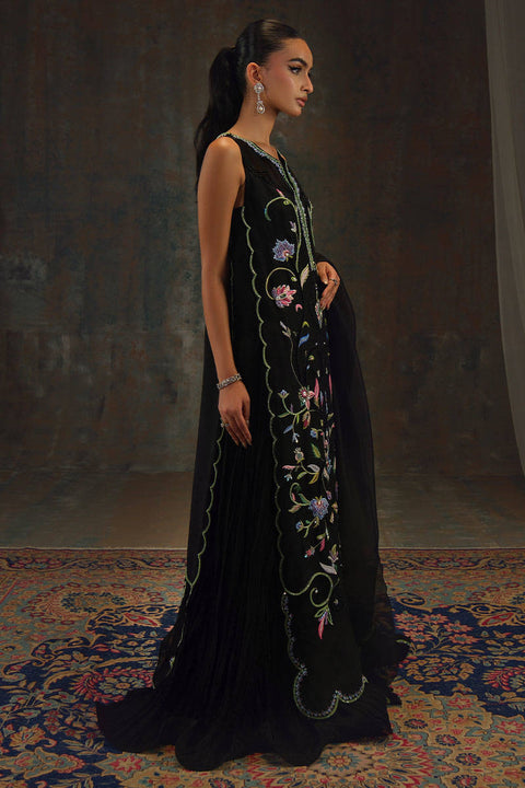 FARIDA HASAN - 3PC UNSTITCHEDEmbroidered Raw Silk Collection – Black