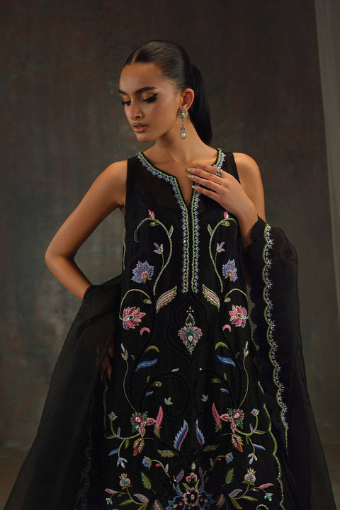FARIDA HASAN - 3PC UNSTITCHEDEmbroidered Raw Silk Collection – Black