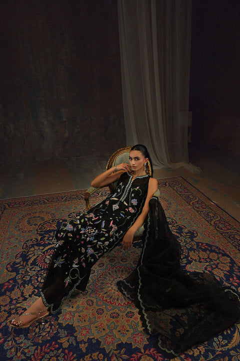 FARIDA HASAN - 3PC UNSTITCHEDEmbroidered Raw Silk Collection – Black