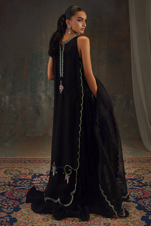 FARIDA HASAN - 3PC UNSTITCHEDEmbroidered Raw Silk Collection – Black