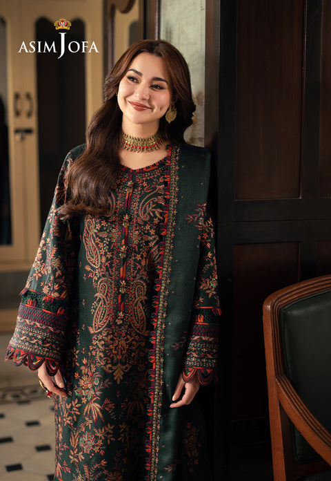 ASIM JOFA - 3PC DHANAK EMBROIDERED SHIRT WITH DHANAK EMBROIDERED SHAWL AND EMBROIDERED TROUSER - KPR- AJKI-01
