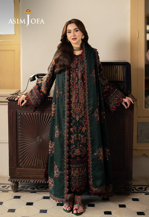 ASIM JOFA - 3PC DHANAK EMBROIDERED SHIRT WITH DHANAK EMBROIDERED SHAWL AND EMBROIDERED TROUSER - KPR- AJKI-01