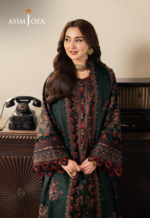 ASIM JOFA - 3PC DHANAK EMBROIDERED SHIRT WITH DHANAK EMBROIDERED SHAWL AND EMBROIDERED TROUSER - KPR- AJKI-01