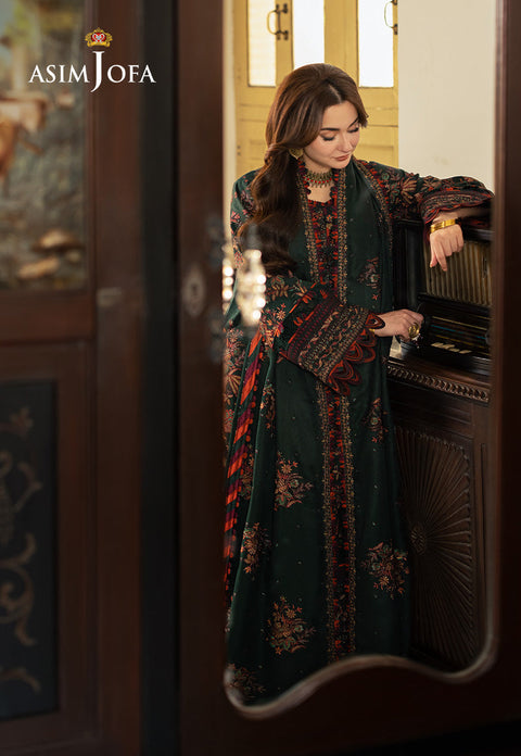 ASIM JOFA - 3PC DHANAK EMBROIDERED SHIRT WITH DHANAK EMBROIDERED SHAWL AND EMBROIDERED TROUSER - KPR- AJKI-01