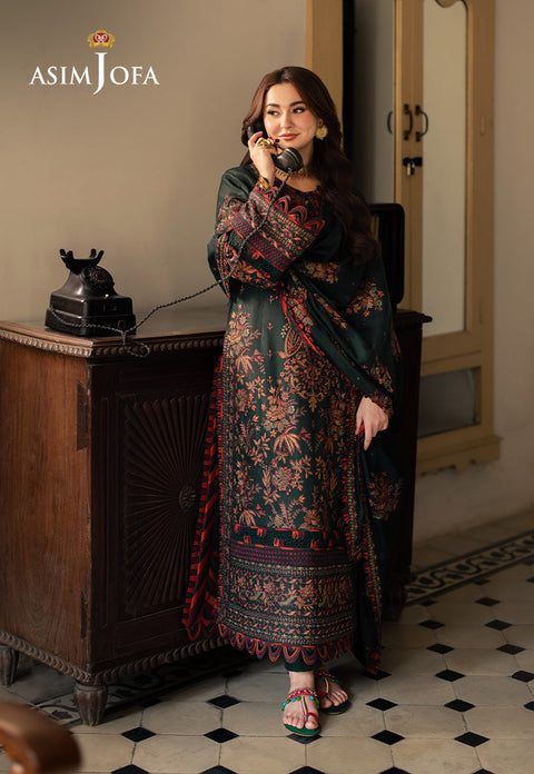 ASIM JOFA - 3PC DHANAK EMBROIDERED SHIRT WITH DHANAK EMBROIDERED SHAWL AND EMBROIDERED TROUSER - KPR- AJKI-01