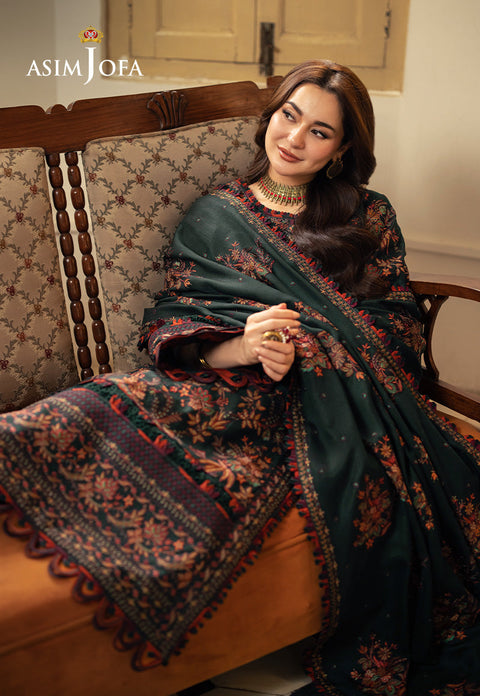 ASIM JOFA - 3PC DHANAK EMBROIDERED SHIRT WITH DHANAK EMBROIDERED SHAWL AND EMBROIDERED TROUSER - KPR- AJKI-01