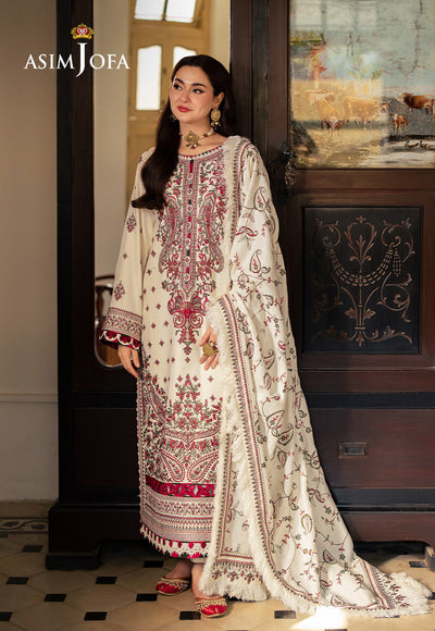 ASIM JOFA - 3PC DHANAK EMBROIDERED SHIRT WITH TWILL PRINTED SHAWL AND TROUSER - WT-1
