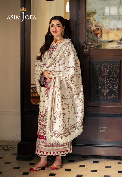 ASIM JOFA - 3PC DHANAK EMBROIDERED SHIRT WITH TWILL PRINTED SHAWL AND TROUSER - WT-1