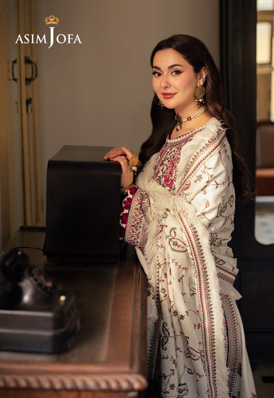 ASIM JOFA - 3PC DHANAK EMBROIDERED SHIRT WITH TWILL PRINTED SHAWL AND TROUSER - WT-1