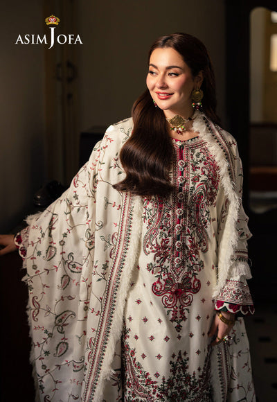 ASIM JOFA - 3PC DHANAK EMBROIDERED SHIRT WITH TWILL PRINTED SHAWL AND TROUSER - WT-1