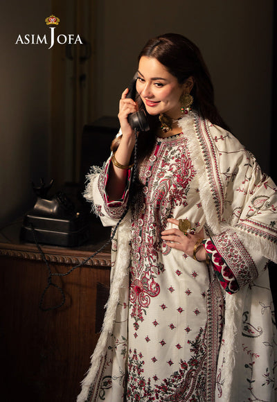 ASIM JOFA - 3PC DHANAK EMBROIDERED SHIRT WITH TWILL PRINTED SHAWL AND TROUSER - WT-1