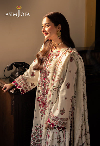 ASIM JOFA - 3PC DHANAK EMBROIDERED SHIRT WITH TWILL PRINTED SHAWL AND TROUSER - WT-1
