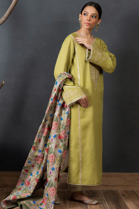 ZARA SHAH JAHAN - 3PC DHANAK EMBROIDERED SHIRT WITH PRINTED DUPATTA AND TROUSER - KPR60