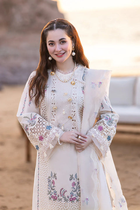 QALAMKAR - 3PC LAWN EMBROIDERED SHIRT WITH ORGANZA CUTWORK EMBROIDERED DUPATTA AND TROUSER - HZG1626 - Kaprang