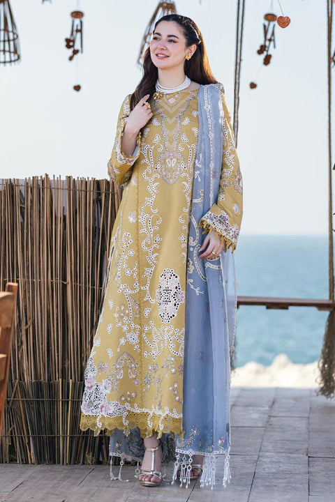 QALAMKAR - 3PC CHIKANKARI LAWN EMBROIDERED SHIRT WITH ORGANZA PRINTED DUPATTA AND TROUSER - HZG1562 - Kaprang