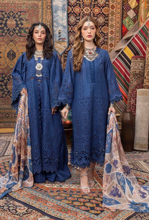 MARIA B - 3PC LAWN CHIKANKAARI EMBROIDERED SHIRT WITH DIAMOND PRINTED DUPATTA AND TROUSER - HZG1566