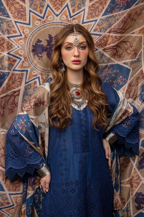 MARIA B - 3PC LAWN CHIKANKAARI EMBROIDERED SHIRT WITH DIAMOND PRINTED DUPATTA AND TROUSER - HZG1566