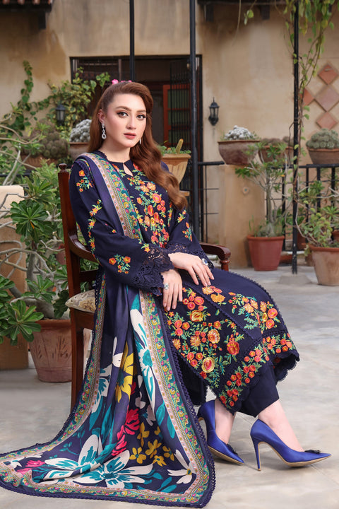 ANEELA - 3PC DHANAK EMBROIDERED SHIRT WITH DHANAK SHAWL AND TROUSER - MOMINA-02
