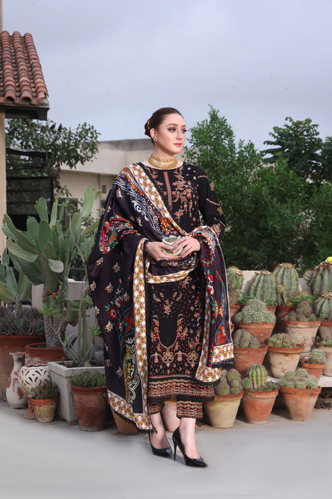 Embroidered 3 Piece Unstitched Dhanak Aneela’s Jet Black BH-03