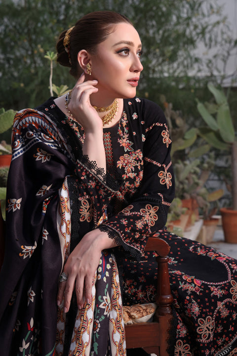 Embroidered 3 Piece Unstitched Dhanak Aneela’s Jet Black BH-03