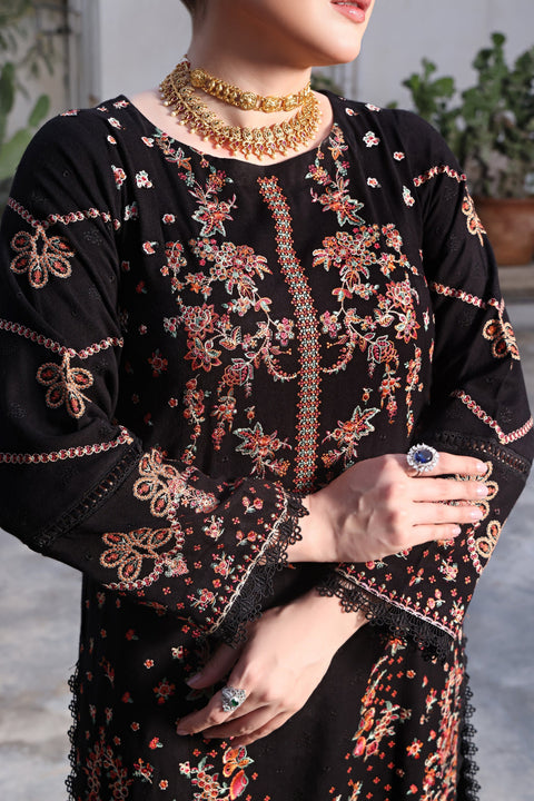 Embroidered 3 Piece Unstitched Dhanak Aneela’s Jet Black BH-03