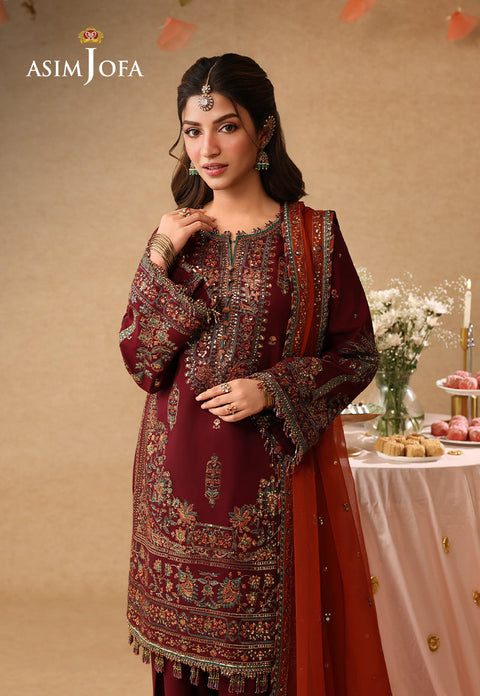 Asim jofa - 3PC UNSTITCHED CHIFFON EMBROIDERED WITH EMBROIDERED DUPATTA AND TROUSER- AJULIF-04