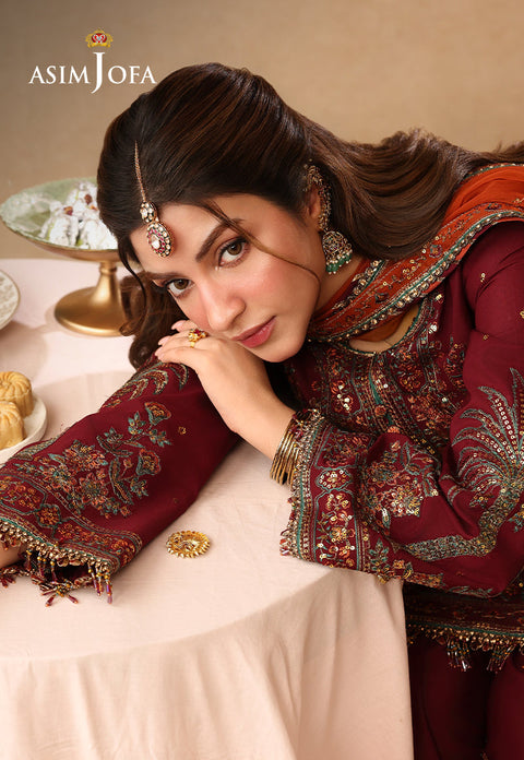 Asim jofa - 3PC UNSTITCHED CHIFFON EMBROIDERED WITH EMBROIDERED DUPATTA AND TROUSER- AJULIF-04