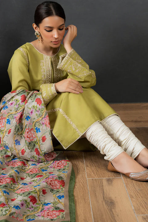 ZARA SHAH JAHAN - 3PC DHANAK EMBROIDERED SHIRT WITH PRINTED DUPATTA AND TROUSER - KPR60