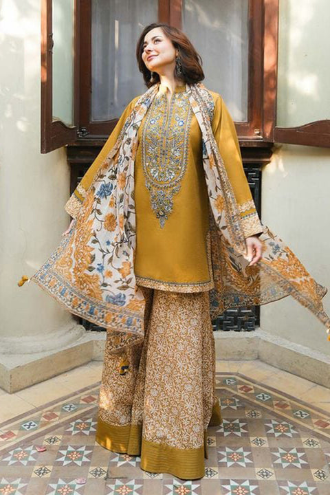 SAPPHIRE -3 Piece Unstitched Embroidered DHANAK Shirt With Embroidered Trousere and Pronted Dupatta| YL-1