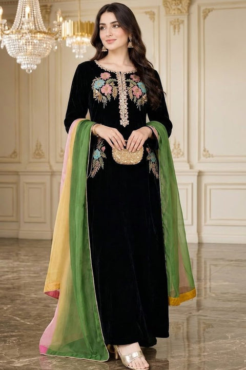 3-piece embroidered silky velvet suit - ( FBEZ-216)