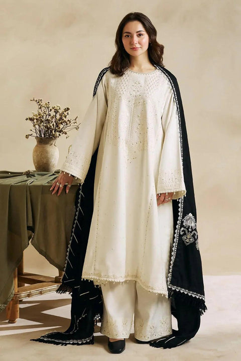 ZARA SHAHJAHAN - 3PC DHANAK EMBROIDERED SHIRT WITH DHANAK EMBROIDERED SHAWL AND TROUSER - KPR 0382