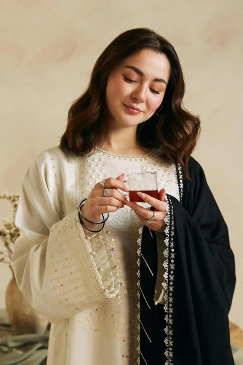ZARA SHAHJAHAN - 3PC DHANAK EMBROIDERED SHIRT WITH DHANAK EMBROIDERED SHAWL AND TROUSER - KPR 0382