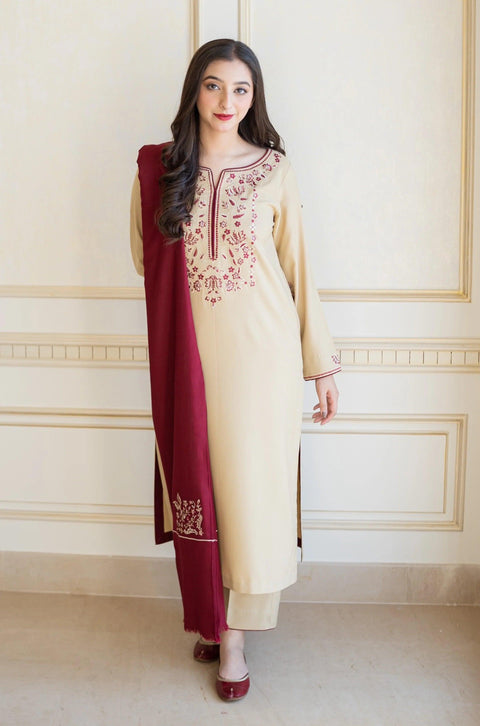 AISLING - 3PC DHANAK EMBROIDERED SHIRT WITH DHANAK PRINTED SHAWL AND TROUSER- KPR 1328