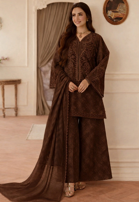 MOHAGNI - 3PC LAWN EMBROIDERED SHIRT WITH MANAAR PRINTED DUPATTA AND TROUSER - BLS-55-B