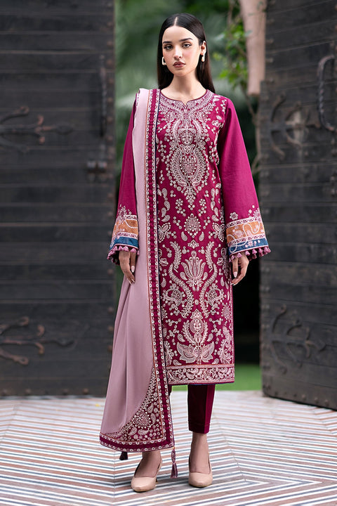 JAZMIN - 3PC KHADDAR EMBROIDERED SHIRT WITH PRINTED TWILL SHAWL AND TROUSER -KPR633