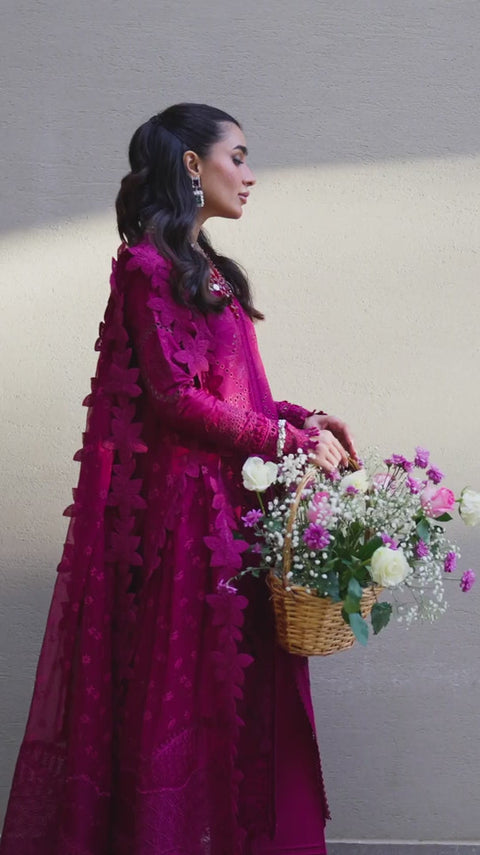 QALAMKAR - 3PC LAWN EMBROIDERED SHIRT WITH JACQUARD WEAVED EMBROIDERED DUPATTA AND COTTON TROUSER - KPR-FK-11 VIOLET