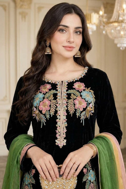 3-piece embroidered silky velvet suit - ( FBEZ-216)