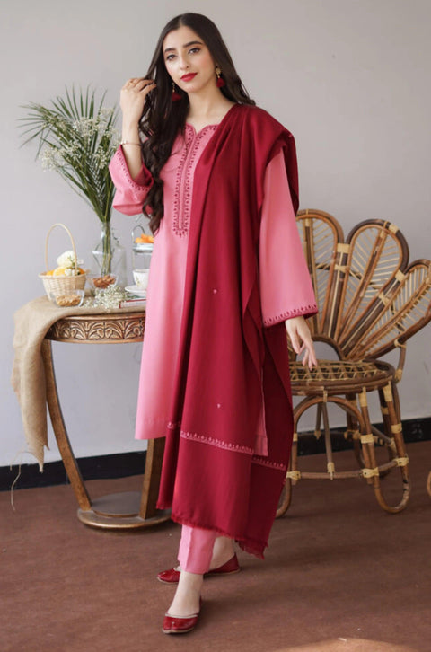 AISLING - 3PC DHANAK EMBROIDERED SHIRT WITH DHANAK PRINTED SHAWL AND TROUSER- KPR 1331