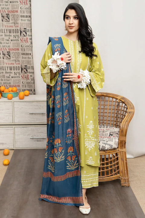 URGE - 3PC DHANAK EMBROIDERED SHIRT WITH DHANAK PRINTED SHAWL AND EMBROIDERED TROUSER - KPR1597