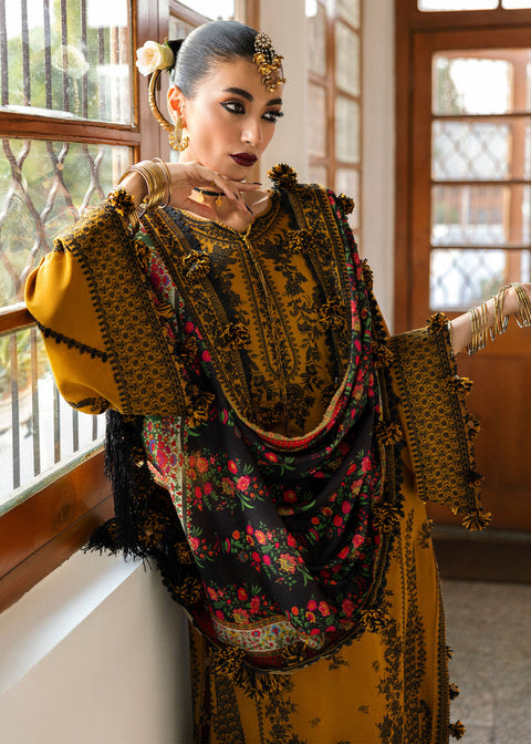 HUSSAIN REHAR - 3PC DHANAK EMBROIDERED SHIRT WITH PRINTED SHAWL AND TROUSER - KPR- Saage-01