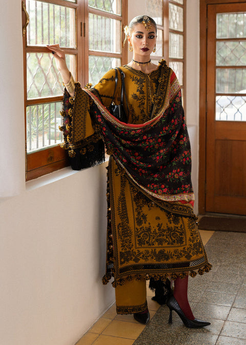 HUSSAIN REHAR - 3PC DHANAK EMBROIDERED SHIRT WITH PRINTED SHAWL AND TROUSER - KPR- Saage-01