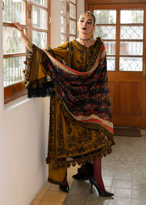 HUSSAIN REHAR - 3PC DHANAK EMBROIDERED SHIRT WITH PRINTED SHAWL AND TROUSER - KPR- Saage-01