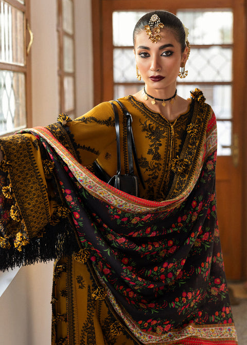 HUSSAIN REHAR - 3PC DHANAK EMBROIDERED SHIRT WITH PRINTED SHAWL AND TROUSER - KPR- Saage-01