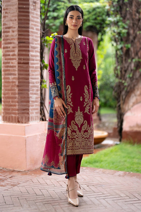 JAZMIN - 3PC DHANAK EMBROIDERED SHIRT WITH PRINTED TWILL SHAWL AND TROUSER -KPR798