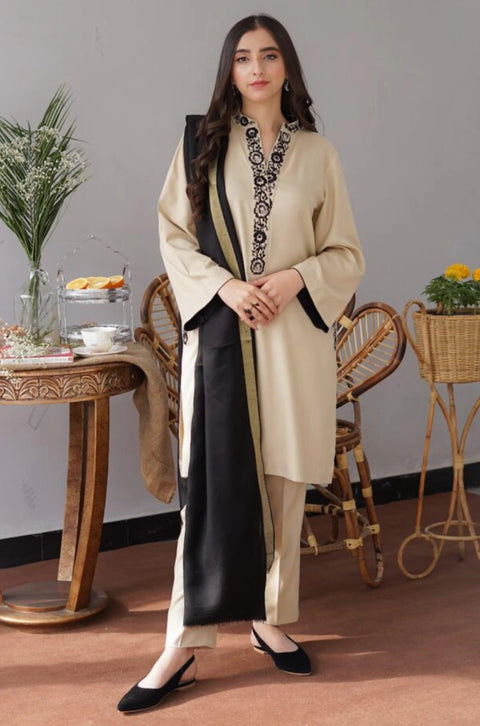 AISLING - 3PC DHANAK EMBROIDERED SHIRT WITH DHANAK PRINTED SHAWL AND TROUSER- KPR 1327