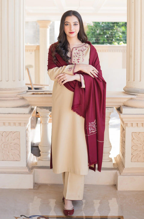 AISLING - 3PC DHANAK EMBROIDERED SHIRT WITH DHANAK PRINTED SHAWL AND TROUSER- KPR 1328