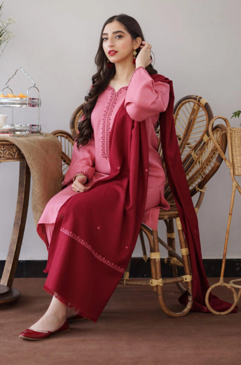 AISLING - 3PC DHANAK EMBROIDERED SHIRT WITH DHANAK PRINTED SHAWL AND TROUSER- KPR 1331