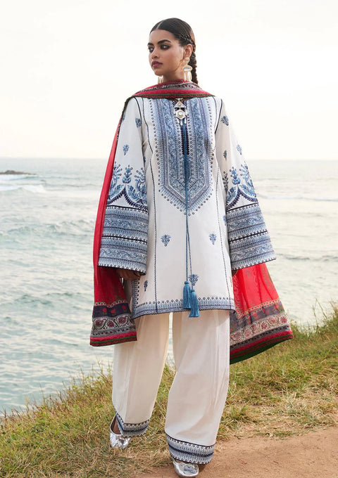 Jugnu by Hussain Rehar -3PC DHANAK EMBROIDERED SHIRT WITH PRINTED SHAWL AND TROUSER-  RAWI
