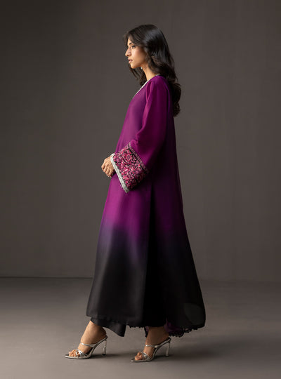 Zainab Chottani - 3 Piece Unstitched Embroidered and Printed SIlk Suit | MPT- Plum Dusk