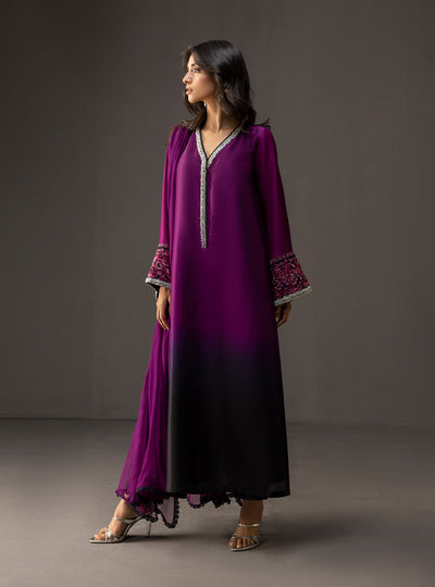 Zainab Chottani - 3 Piece Unstitched Embroidered and Printed SIlk Suit | MPT- Plum Dusk